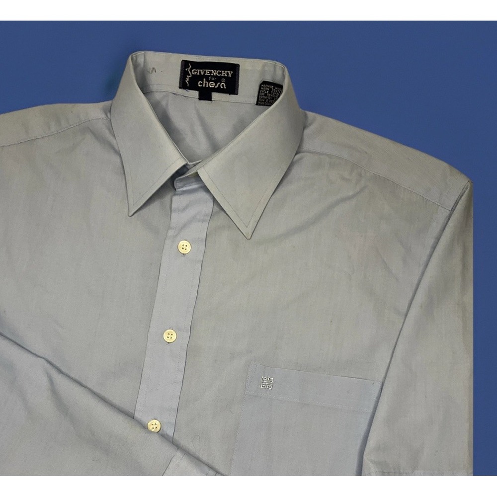 Vintage Givenchy For Chesa Shirt 70s Pocket Embroidered Logo Blue Retro Men 16.5